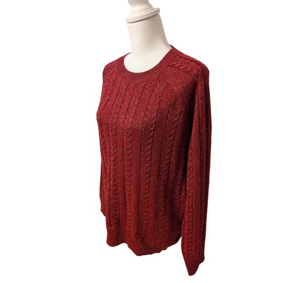 Athleta Long Sleeve Crossroads Crew Red Sparkle Cable Knit Sweater Size M Wool - Picture 2 of 5